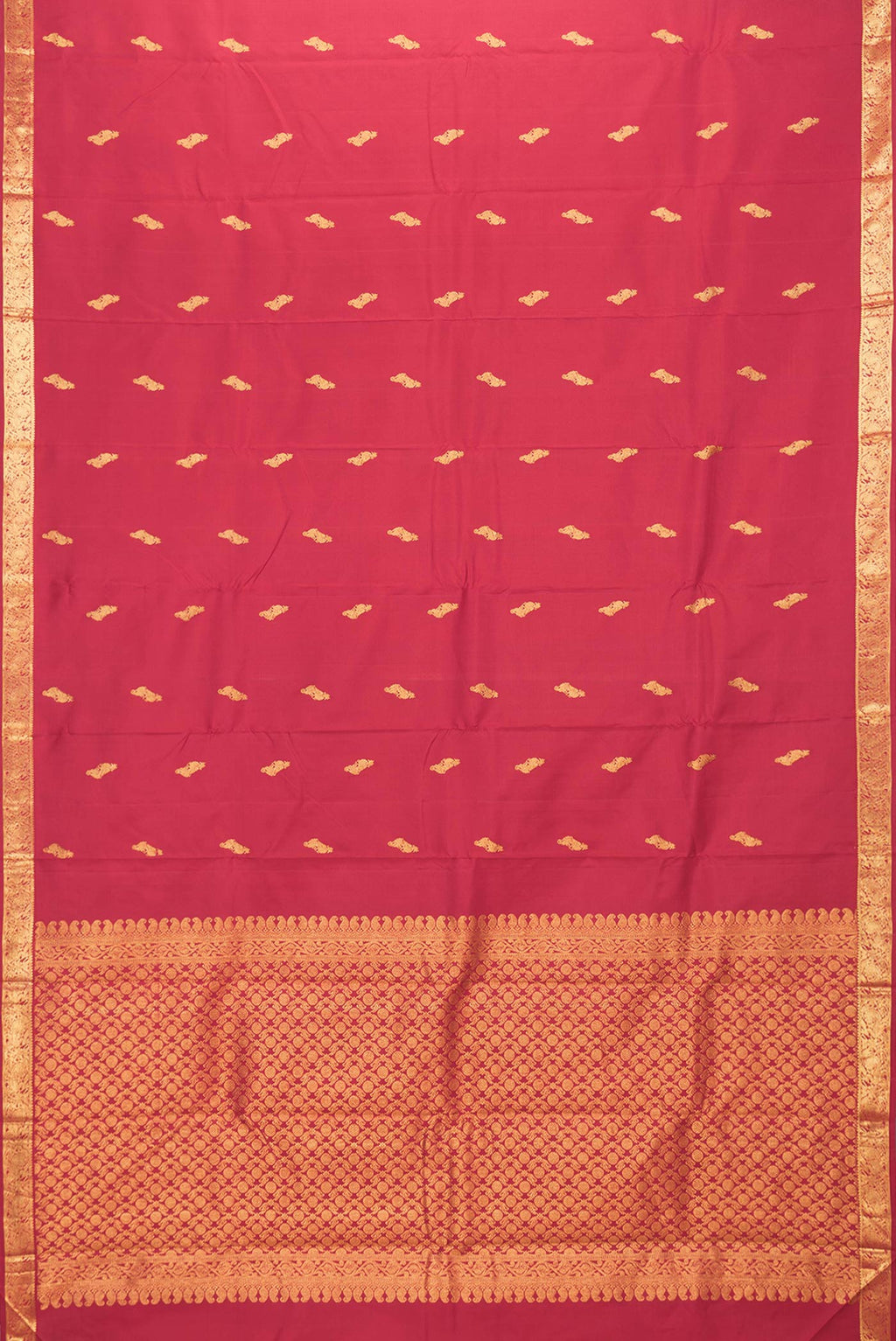 Flat view of Maroon Dual Tone Kanchipuram Silk Saree with Zari Butta on the body and Zari Border. 