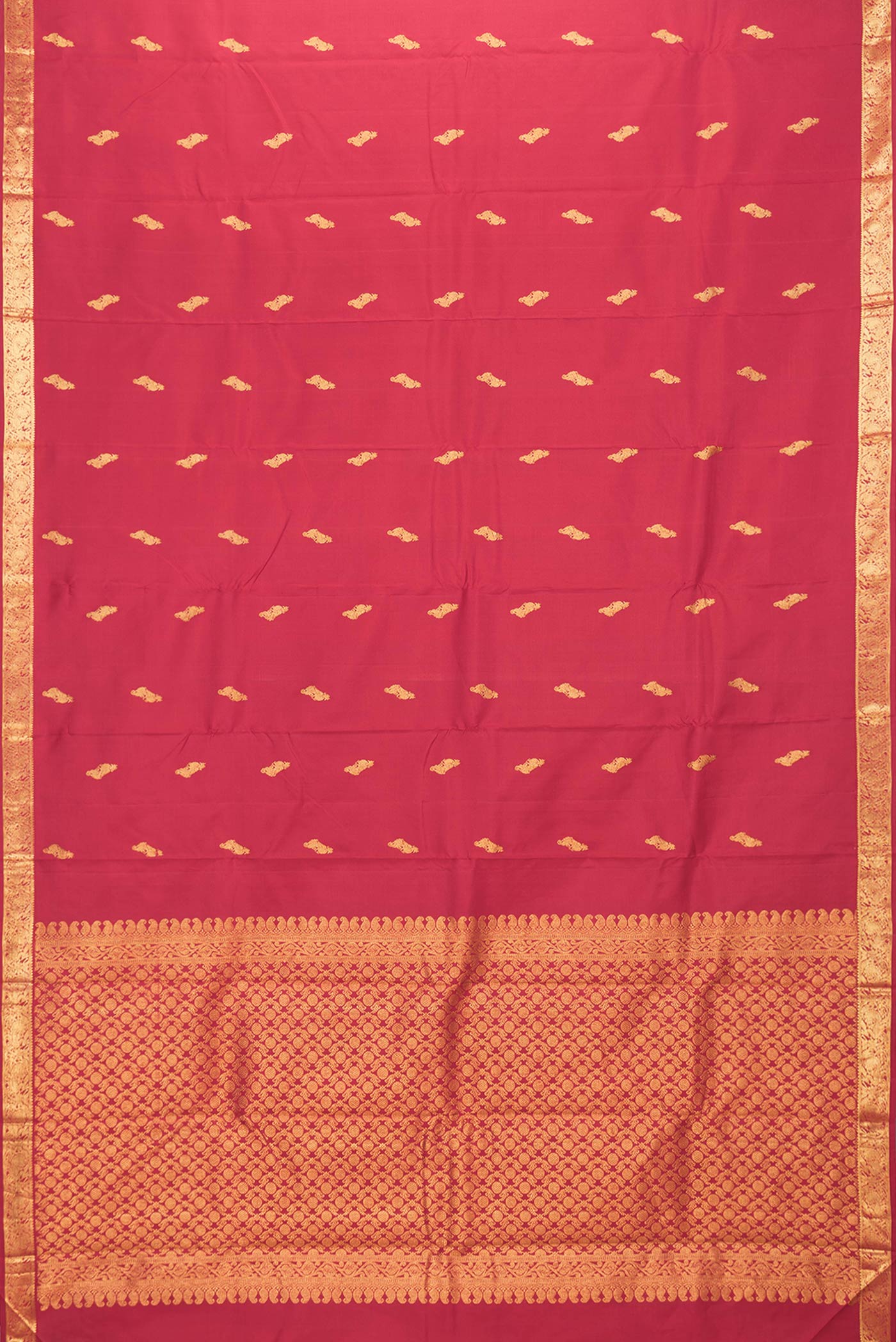 Flat view of Maroon Dual Tone Kanchipuram Silk Saree with Zari Butta on the body and Zari Border. 