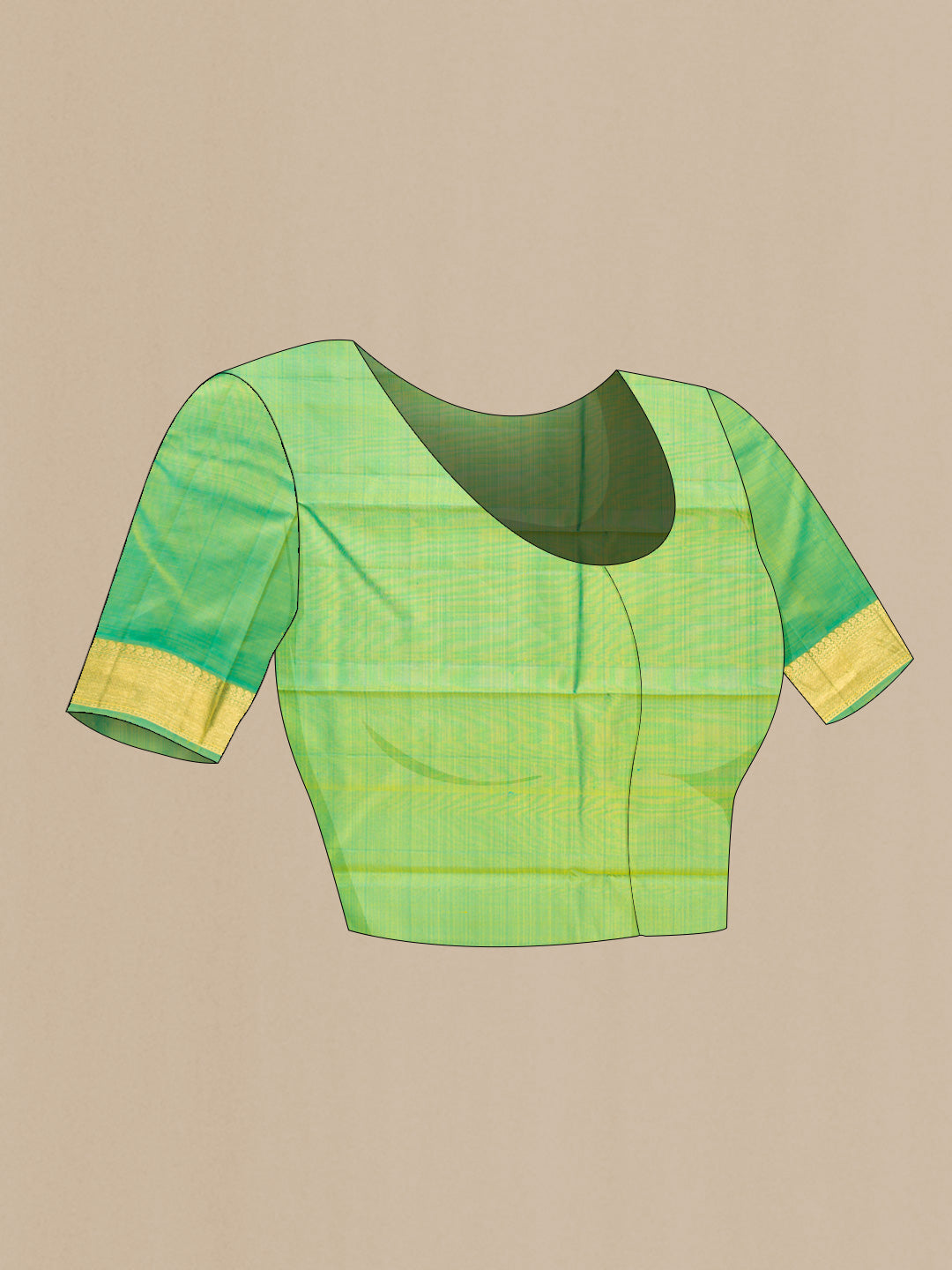 Close up image of the blouse of Lemon Yellow Dual Tone Kanjivaram Silk Saree with Zari Butta on the body and Zari Border. 