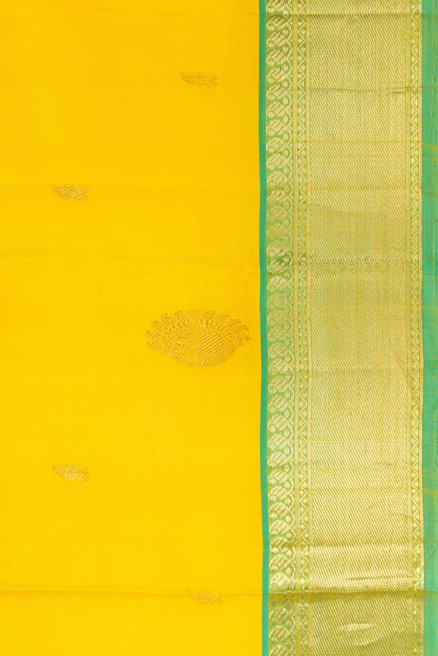 Border image of Lemon Yellow Dual Tone Kanjivaram Silk Saree with Zari Butta on the body and Zari Border. 