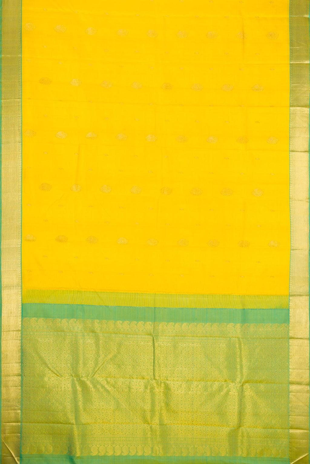Flat view of Lemon Yellow Dual Tone Kanjivaram Silk Saree with Zari Butta on the body and Zari Border. 