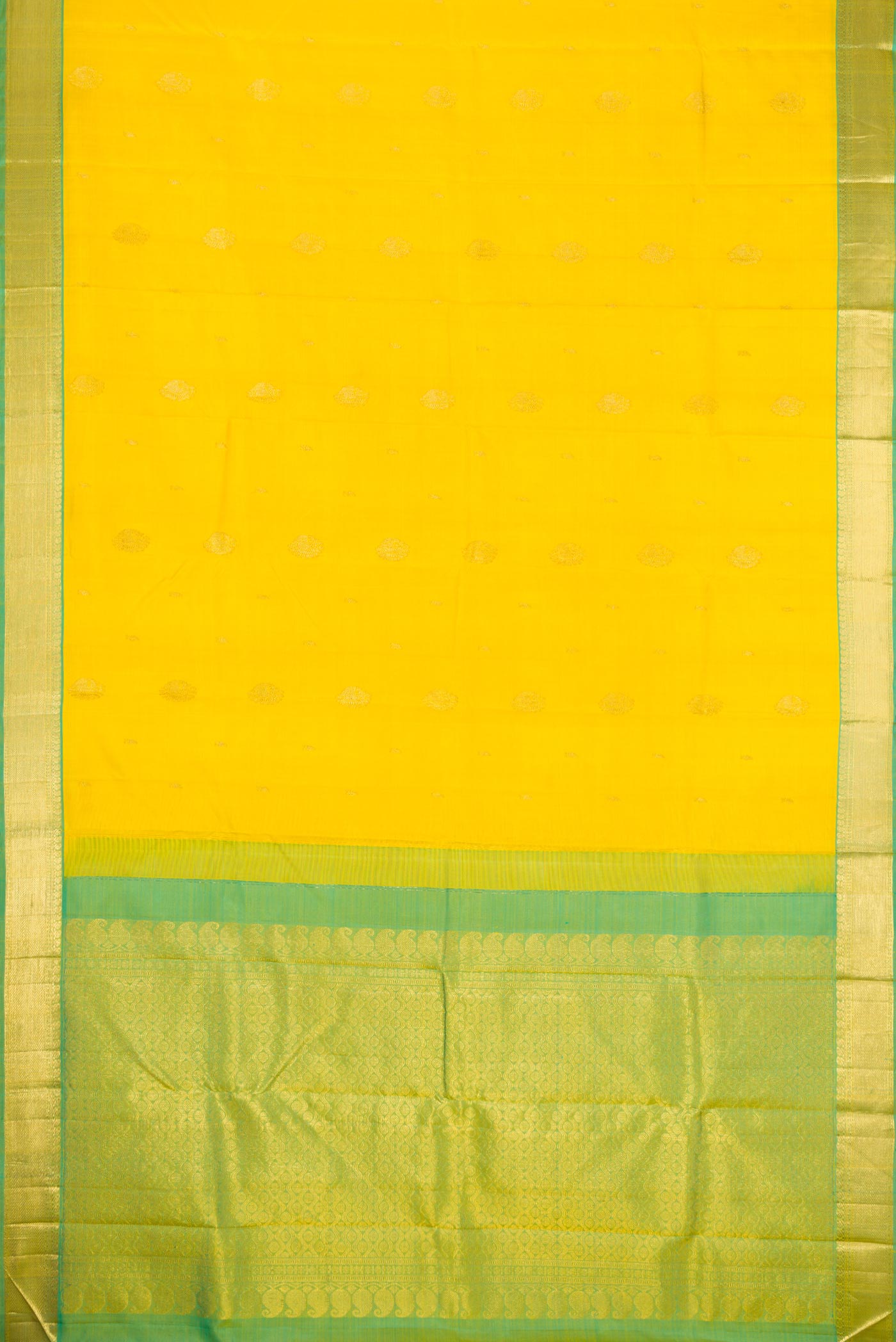 Flat view of Lemon Yellow Dual Tone Kanjivaram Silk Saree with Zari Butta on the body and Zari Border. 