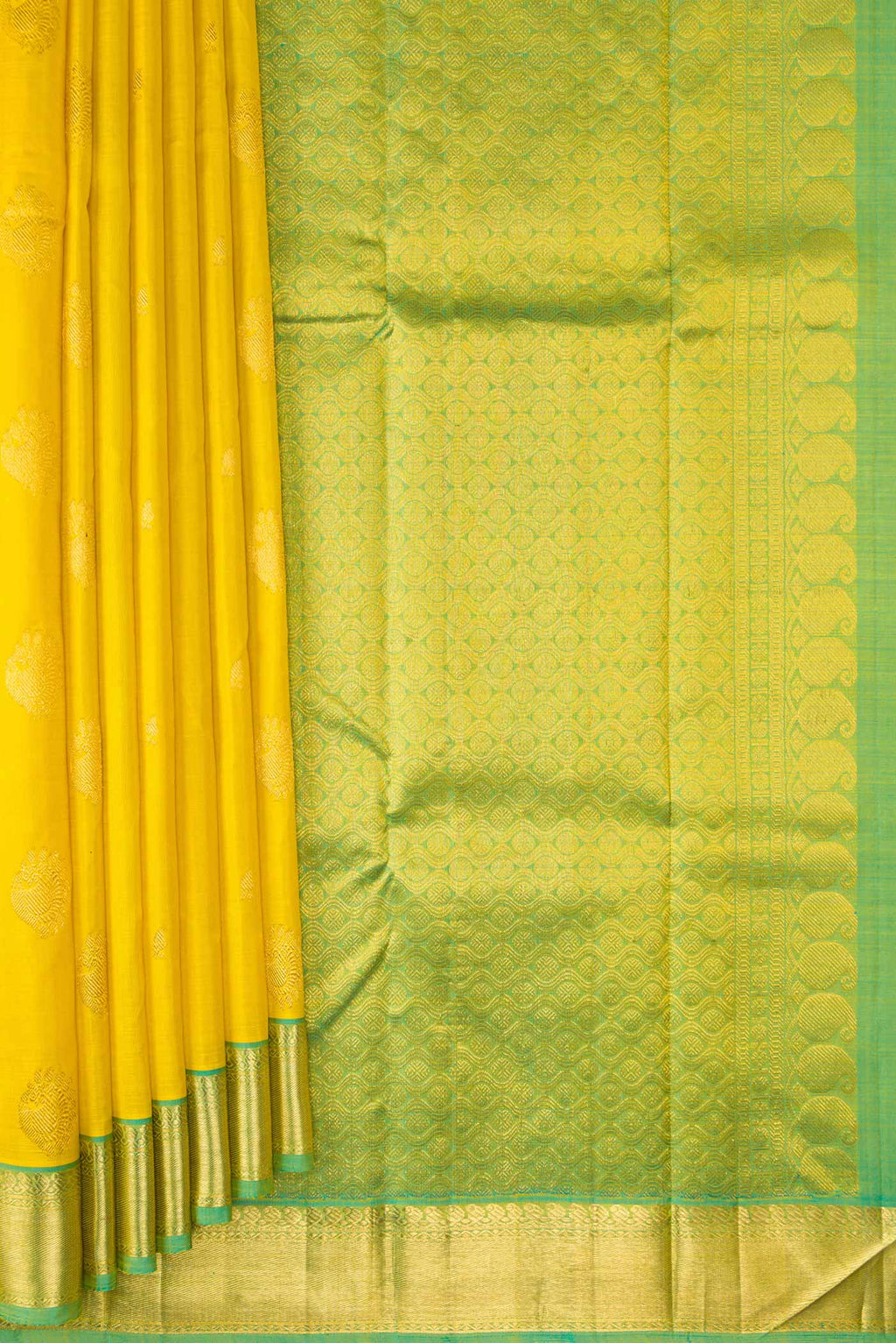 Pleats and pallu of Lemon Yellow Dual Tone Kanjivaram Silk Saree with Zari Butta on the body and Zari Border. 