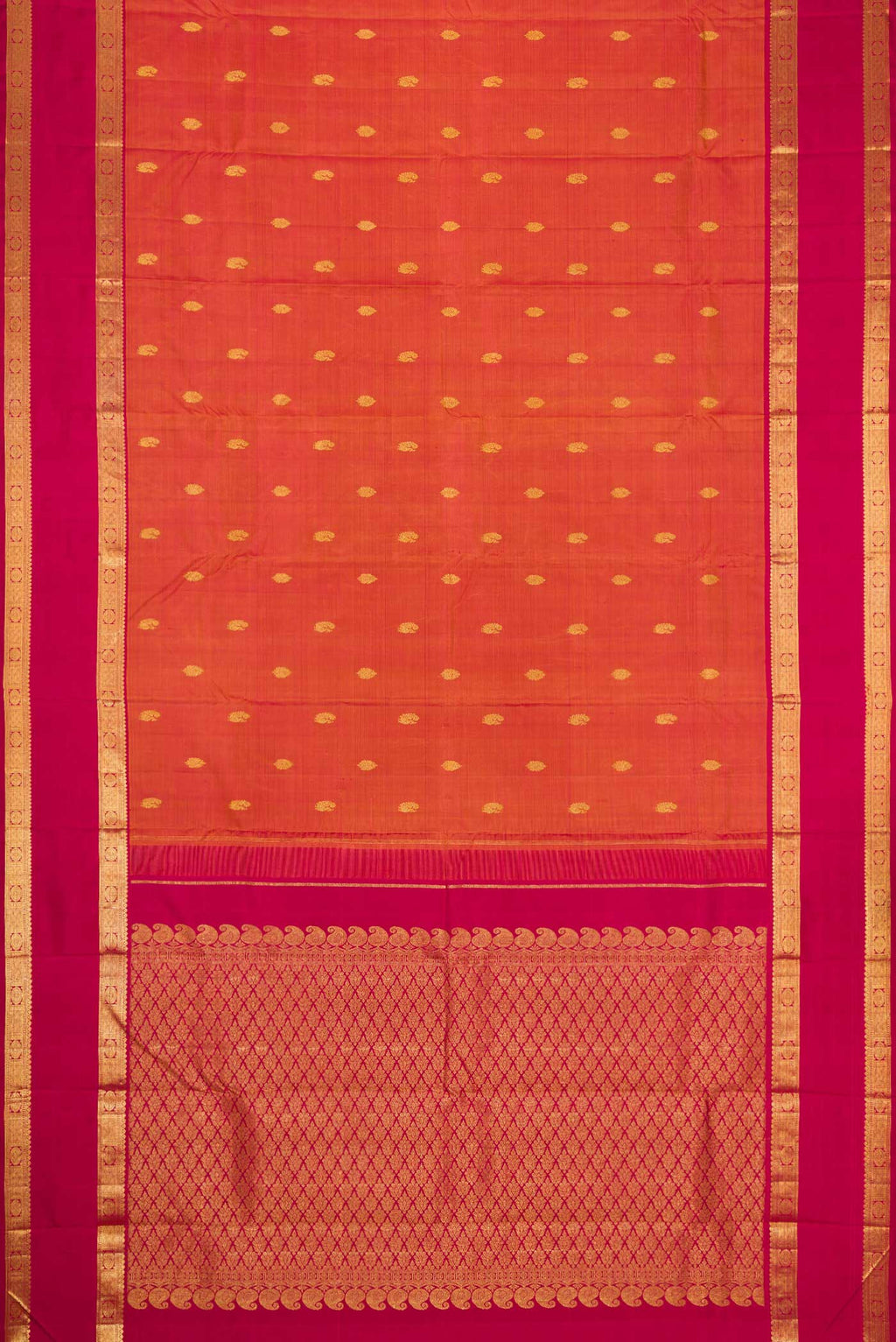 Flat view of Mustard Dual Tone Kanjivaram Silk Saree with Zari Butta on the body and Zari Border. 