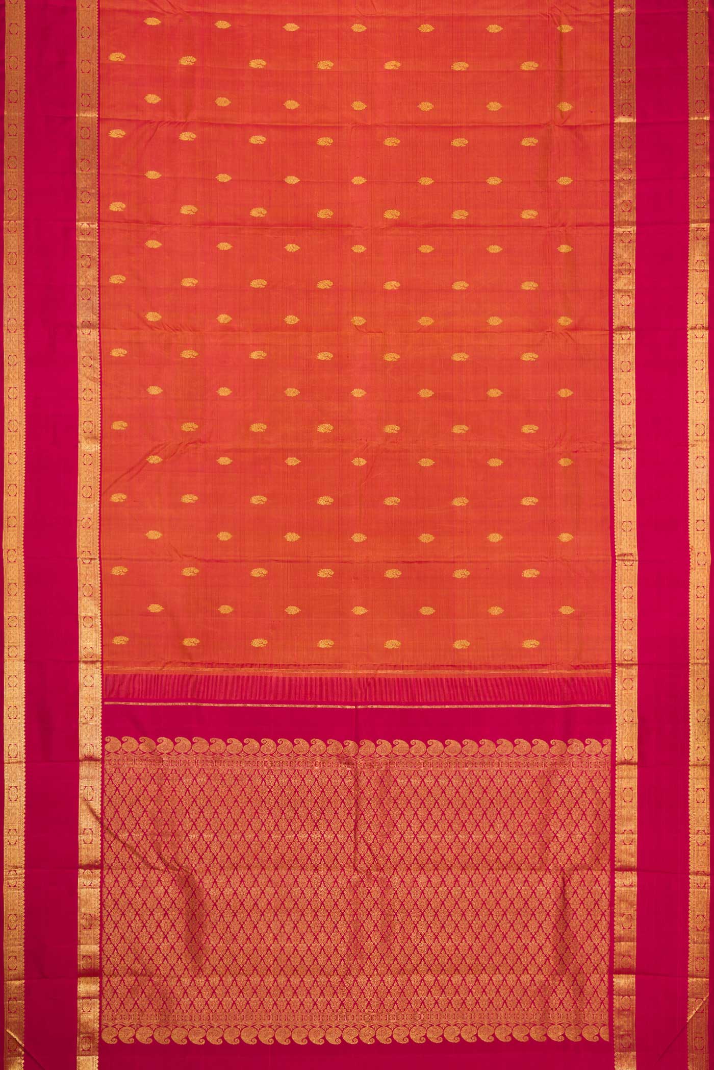 Flat view of Mustard Dual Tone Kanjivaram Silk Saree with Zari Butta on the body and Zari Border. 