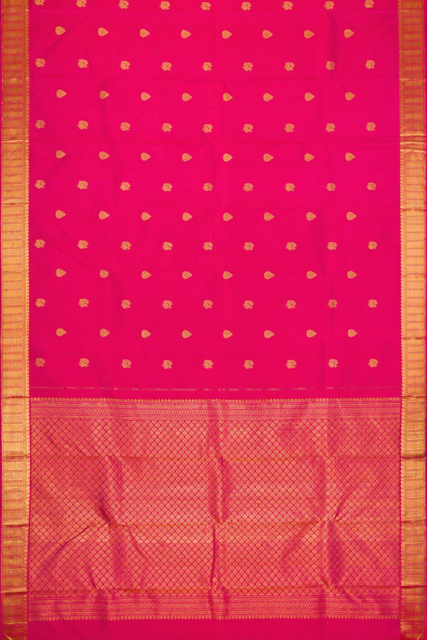 Flat view of Pink Dual Tone Kanjivaram Silk Saree with Zari Butta on the body and Zari Border. 