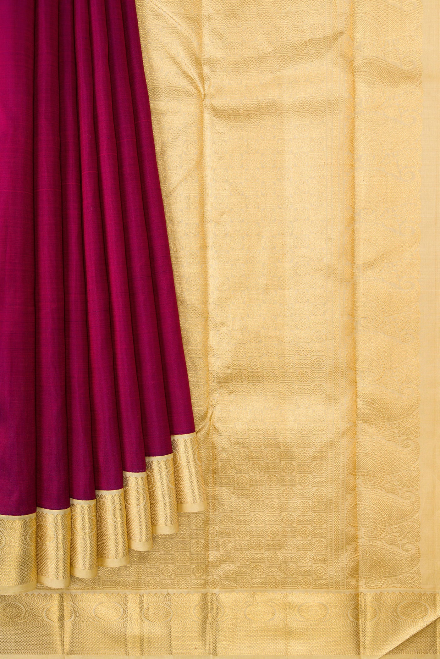 Pleats and pallu of Burgundy Dual Tone Kanjivaram Silk Saree with Plain Body and Zari Border. 