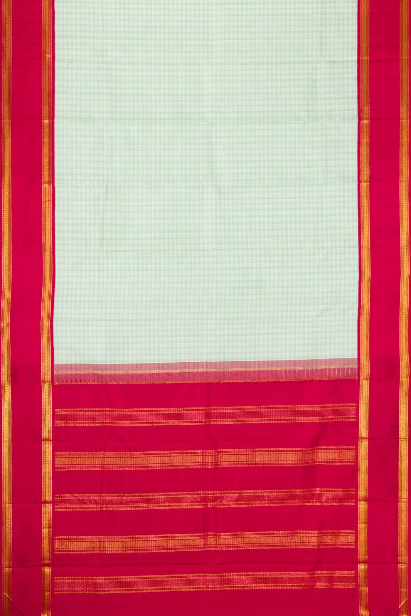 Flat view of Pista Green Dual Tone Kanjivaram Silk Saree with Checked design on the body and Zari Border. 