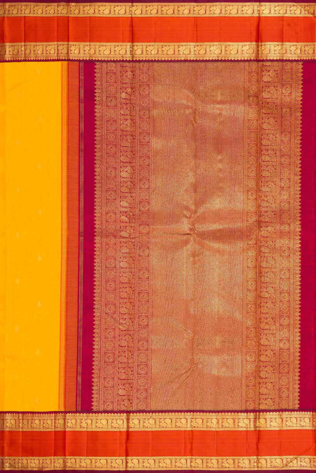 Close up image of the pallu of Pure Silk Pure Zari Mustard Dual Tone Kanchipuram Saree with Zari Butta on the body and Zari And Thread Border
