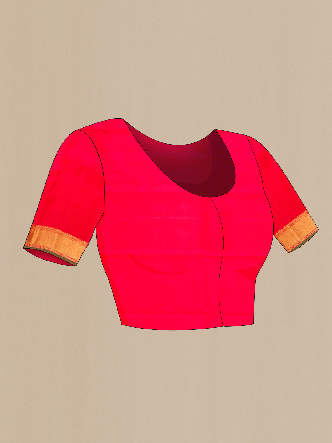 Close up image of the blouse of Pure Silk Pure Zari Red Dual Tone Kanchipuram Saree with Zari Butta on the body and Zari Border. 