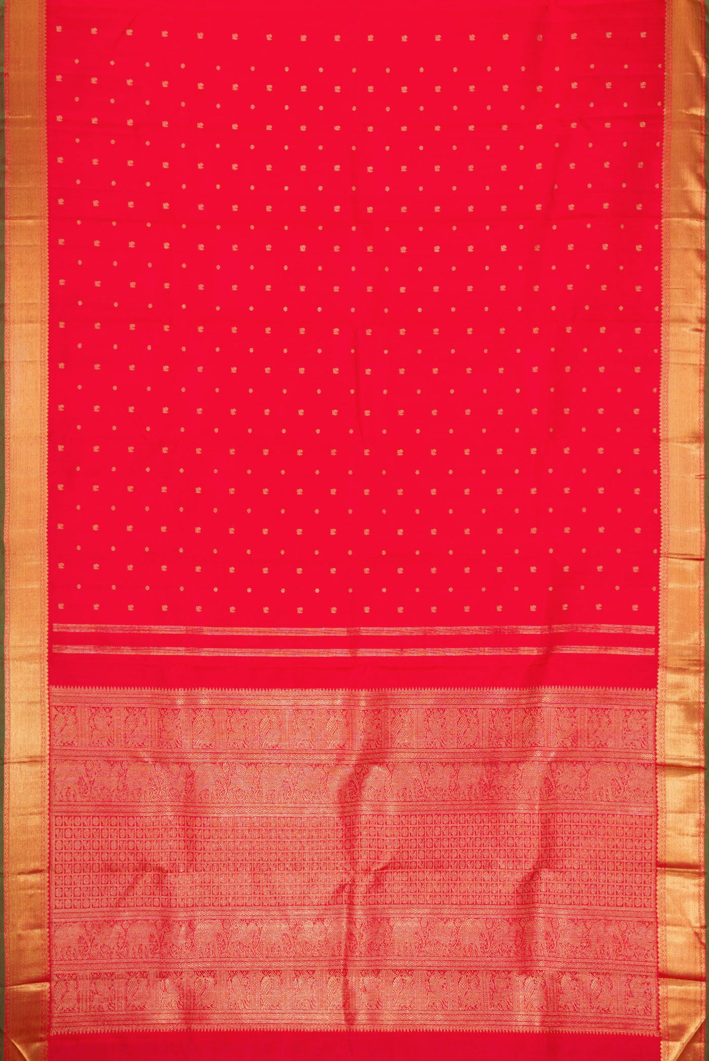 Flat view of Pure Silk Pure Zari Red Dual Tone Kanchipuram Saree with Zari Butta on the body and Zari Border. 