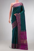 Pure Silk Pure Zari Bottle Green Dual Tone Kanchipuram Saree with Checked design on the body and Zari Border.  displayed on a mannequin