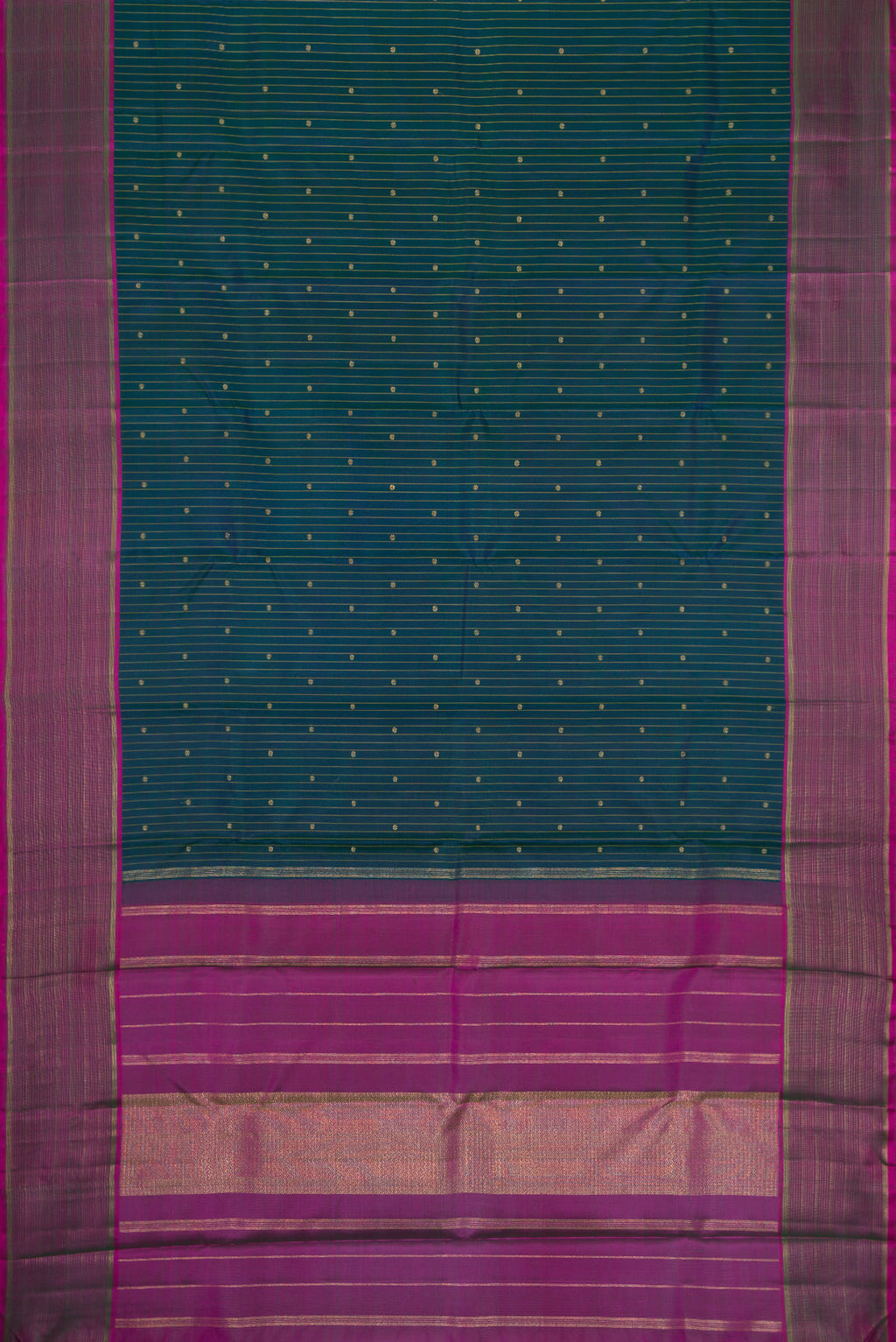 Flat view of Pure Silk Pure Zari Bottle Green Dual Tone Kanchipuram Saree with Checked design on the body and Zari Border. 