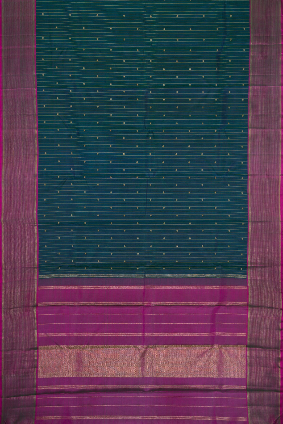Flat view of Pure Silk Pure Zari Bottle Green Dual Tone Kanchipuram Saree with Checked design on the body and Zari Border. 