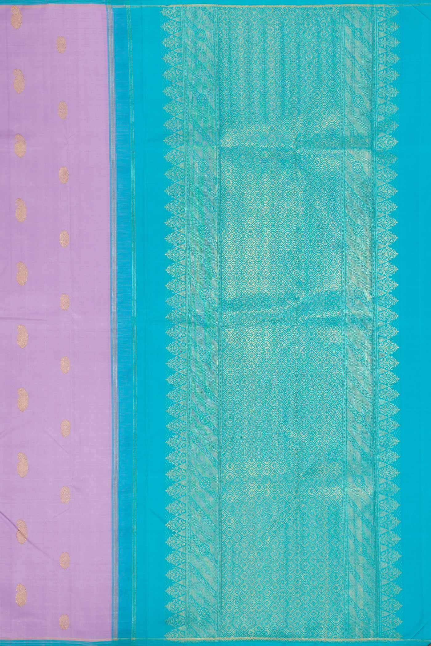 Close up image of the pallu of Pure Silk Pure Zari Lavender Dual Tone Kanchipuram Saree with Zari Butta on the body and Thin Zari Line. 