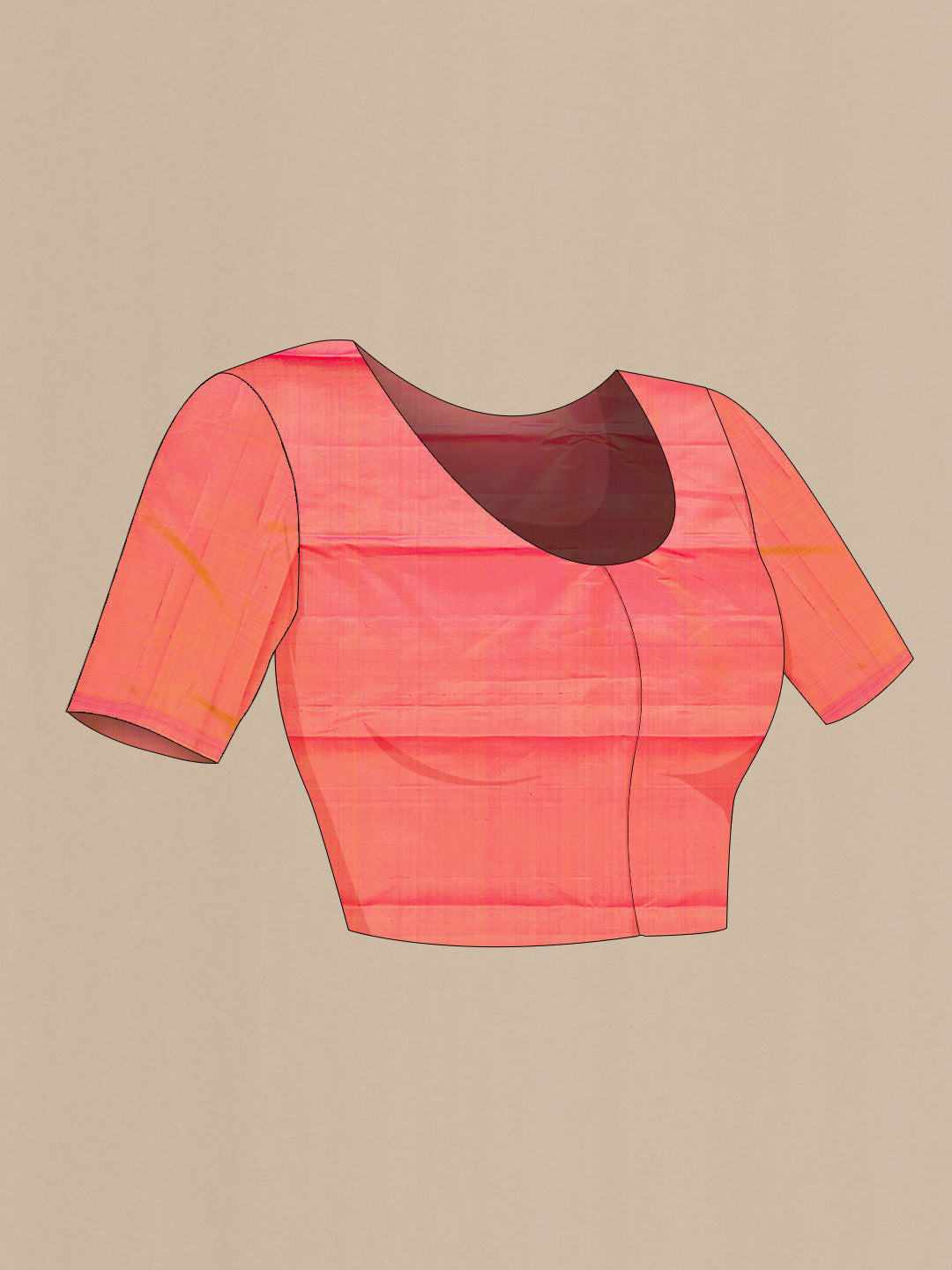 Close up image of the blouse of Pure Silk Pure Zari Green, Pink and Yellow Color Kanchipuram Saree with Stripes on the body and Without Border. 