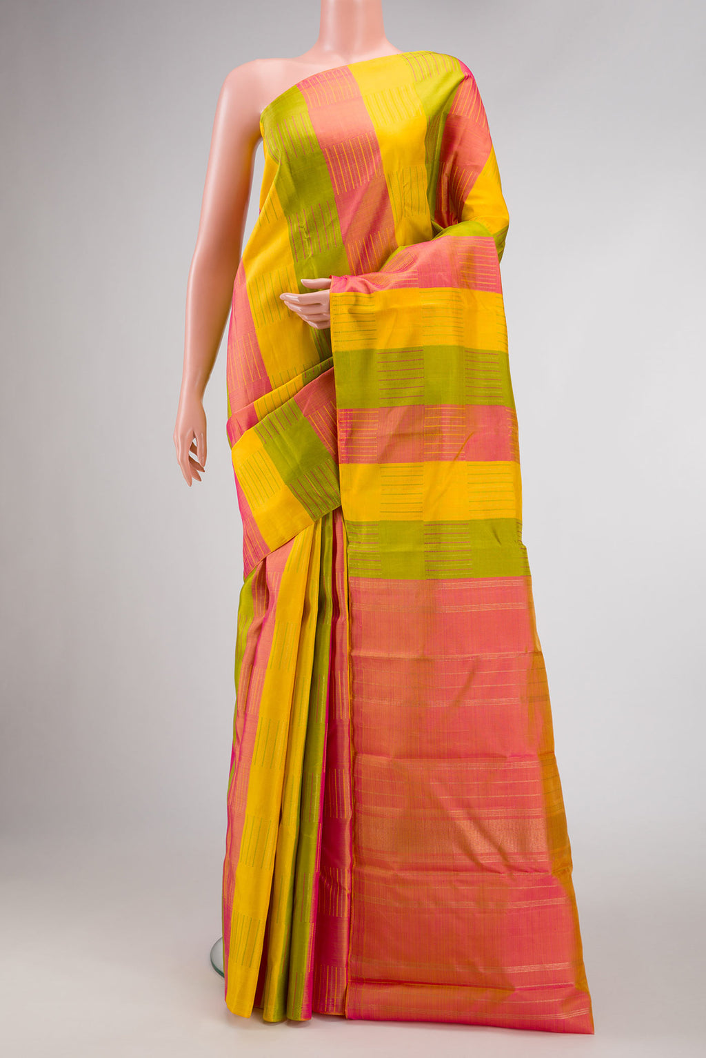 Pure Silk Pure Zari Green, Pink and Yellow Color Kanchipuram Saree with Stripes on the body and Without Border.  displayed on a mannequin