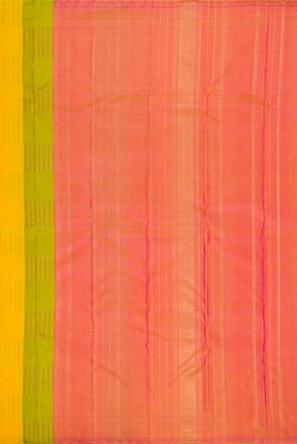 Close up image of the pallu of Pure Silk Pure Zari Green, Pink and Yellow Color Kanchipuram Saree with Stripes on the body and Without Border. 