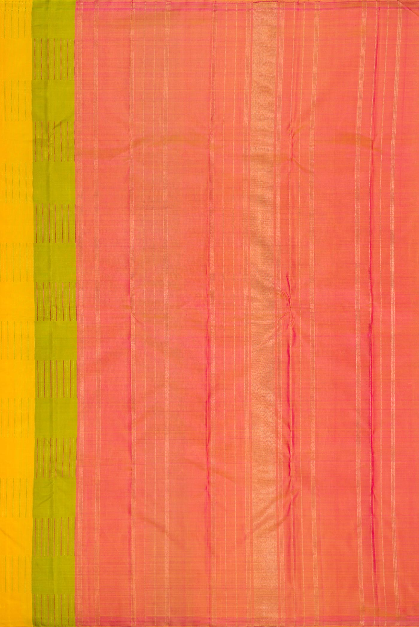 Close up image of the pallu of Pure Silk Pure Zari Green, Pink and Yellow Color Kanchipuram Saree with Stripes on the body and Without Border. 