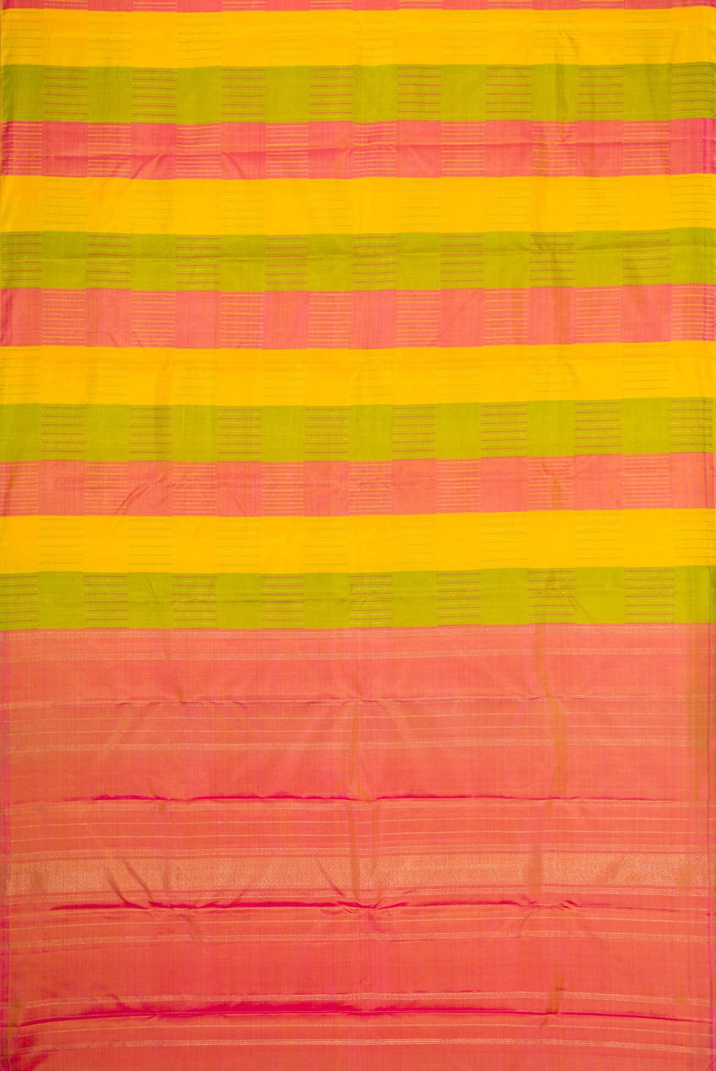 Flat view of Pure Silk Pure Zari Green, Pink and Yellow Color Kanchipuram Saree with Stripes on the body and Without Border. 