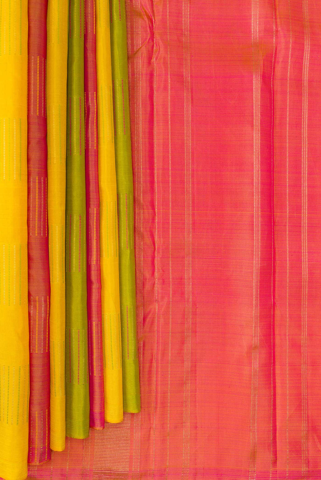 Pleats and pallu of Pure Silk Pure Zari Green, Pink and Yellow Color Kanchipuram Saree with Stripes on the body and Without Border. 