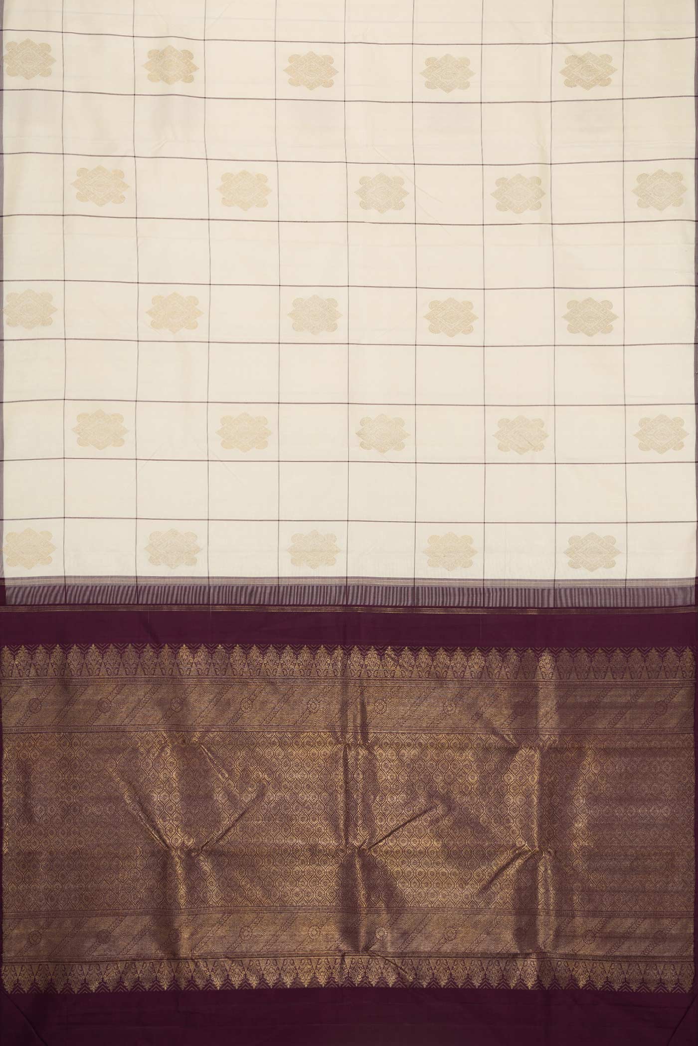 Flat view of Pure Silk Pure Zari Off White Dual Tone Kanjivaram Saree with Checked design on the body and Without Border. 