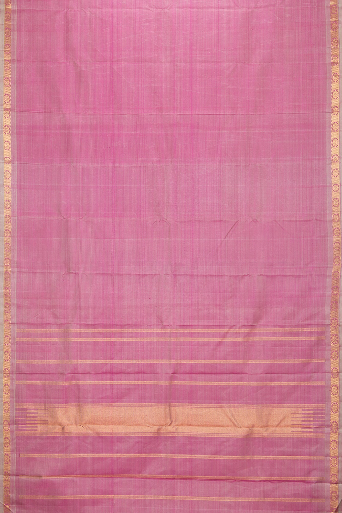 Flat view of Pink Dual Tone Kanchipuram Silk Saree with Plain Body and Zari Border. 