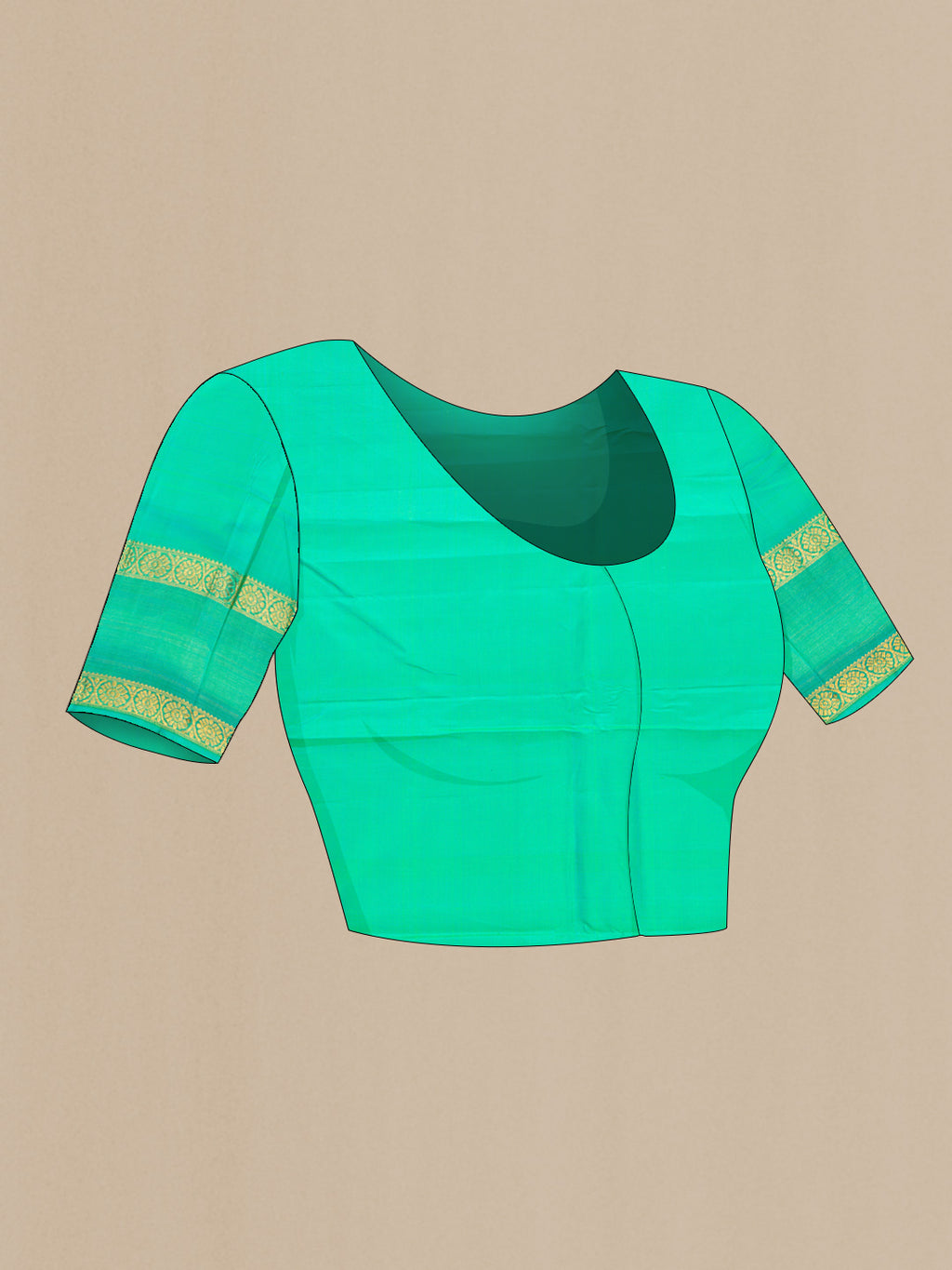 Close up image of the blouse of Sea Green Dual Tone Kanchipuram Silk Saree with Plain Body and Zari Border. 