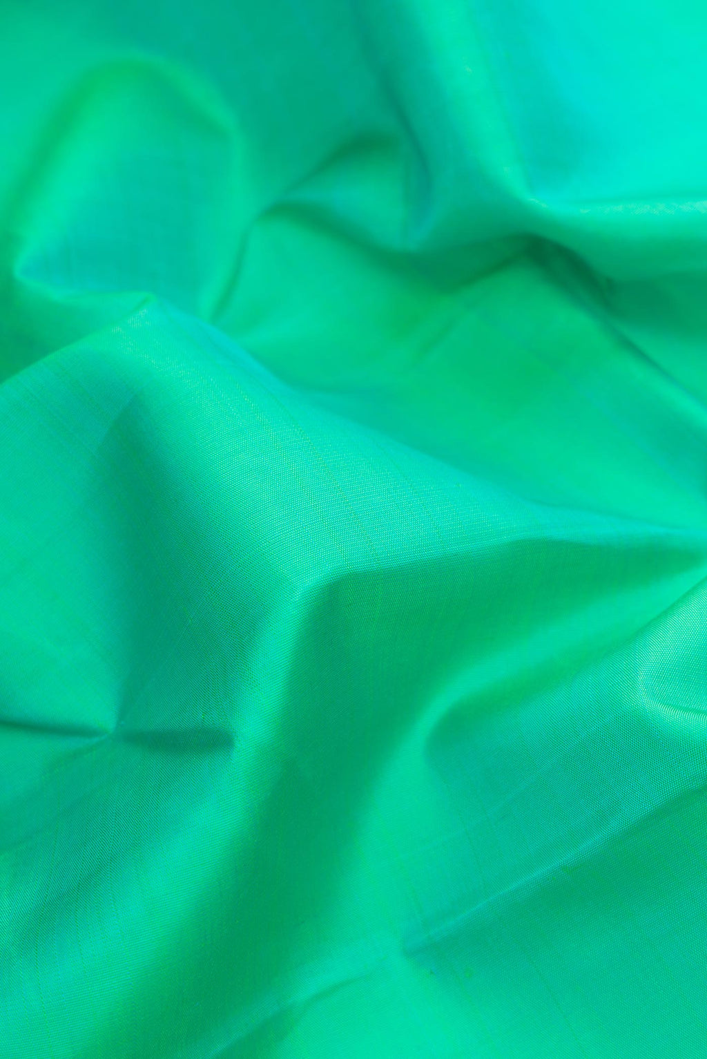 Close up of Sea Green Dual Tone Kanchipuram Silk Saree with Plain Body and Zari Border.  displaying folds