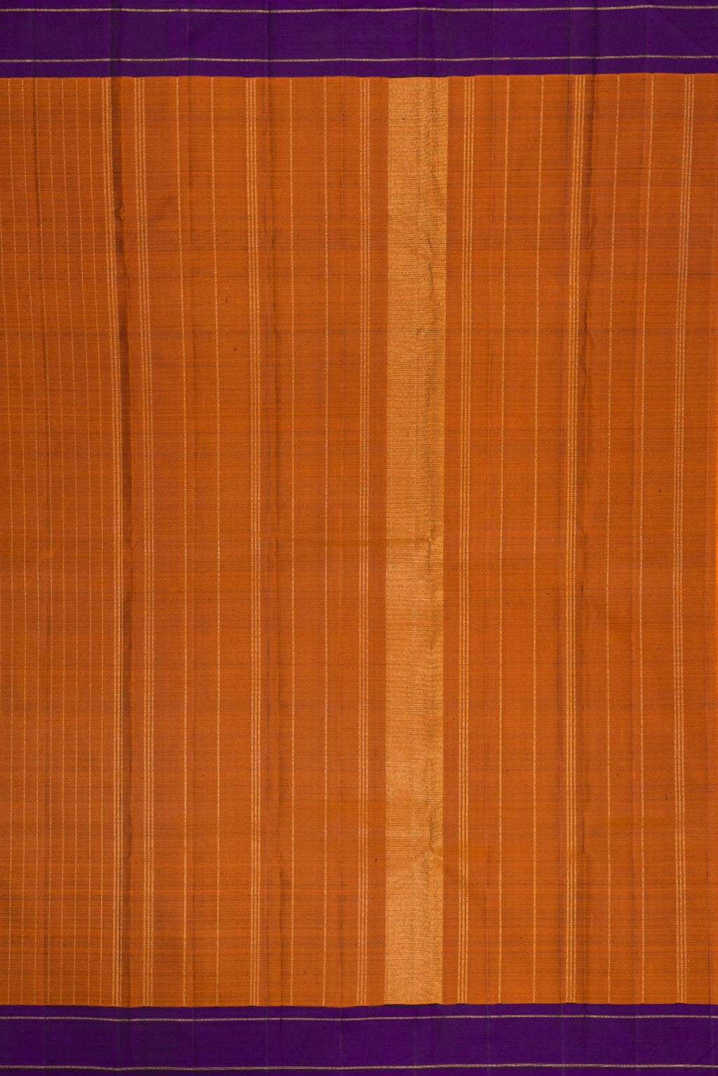 Close up image of the pallu of Orange Dual Tone Kanjivaram Silk Saree with Stripes on the body and Zari Border. 