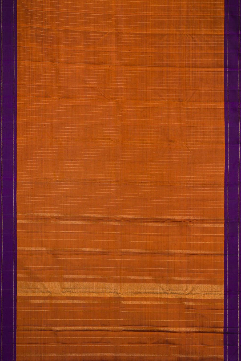 Flat view of Orange Dual Tone Kanjivaram Silk Saree with Stripes on the body and Zari Border. 