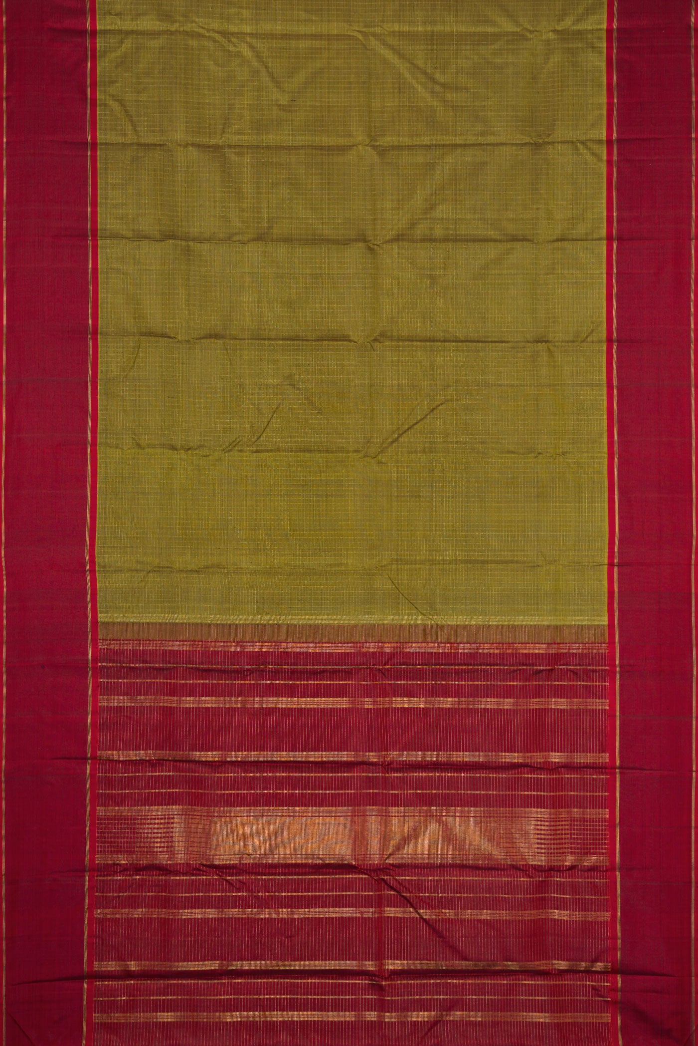 Flat view of Green Dual Tone Kanchipuram Silk Saree with Zari Butta on the body and Zari Border. 