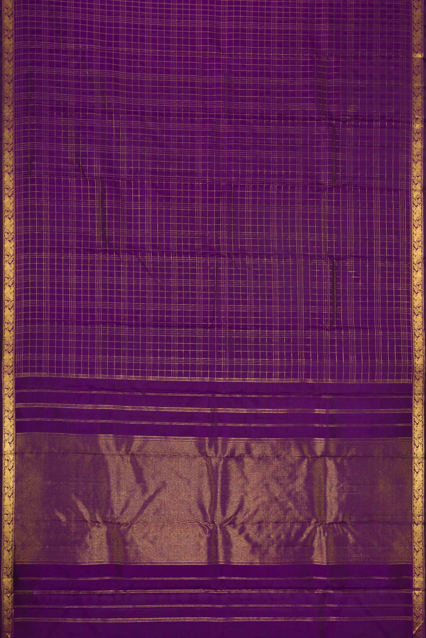 Flat view of Pure Silk Pure Zari Violet Dual Tone Kanchipuram Saree with Checked design on the body and Zari Border. 