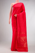 Pure Silk Pure Zari Red Dual Tone Kanjivaram Saree with Stripes on the body and Without Border.  displayed on a mannequin