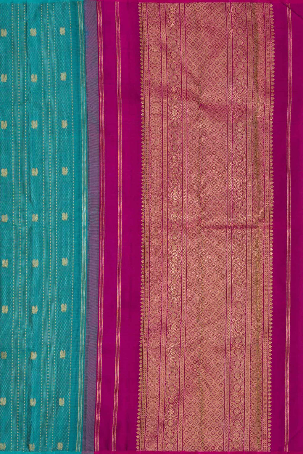 Close up image of the pallu of Maya Blue Dual Tone Kanchipuram Silk Saree with Zari Butta on the body and Zari Border