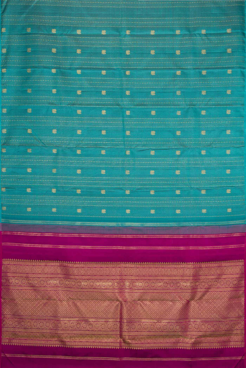 Flat view of Maya Blue Dual Tone Kanchipuram Silk Saree with Zari Butta on the body and Zari Border