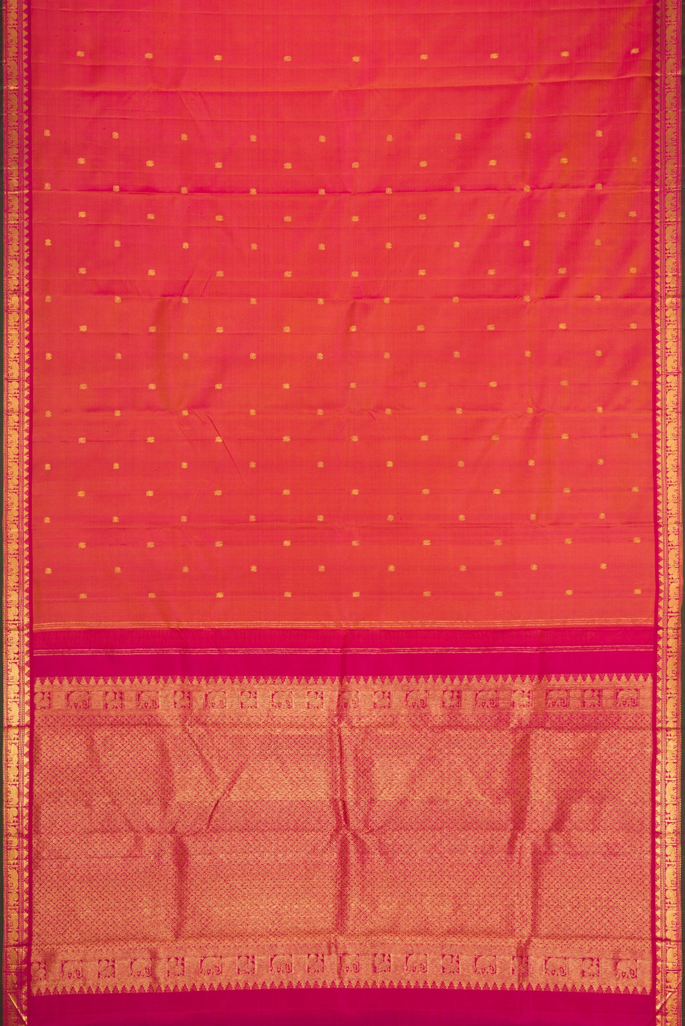 Flat view of Coral Dual Tone Kanchipuram Silk Saree with Zari Butta on the body and Zari Border. 