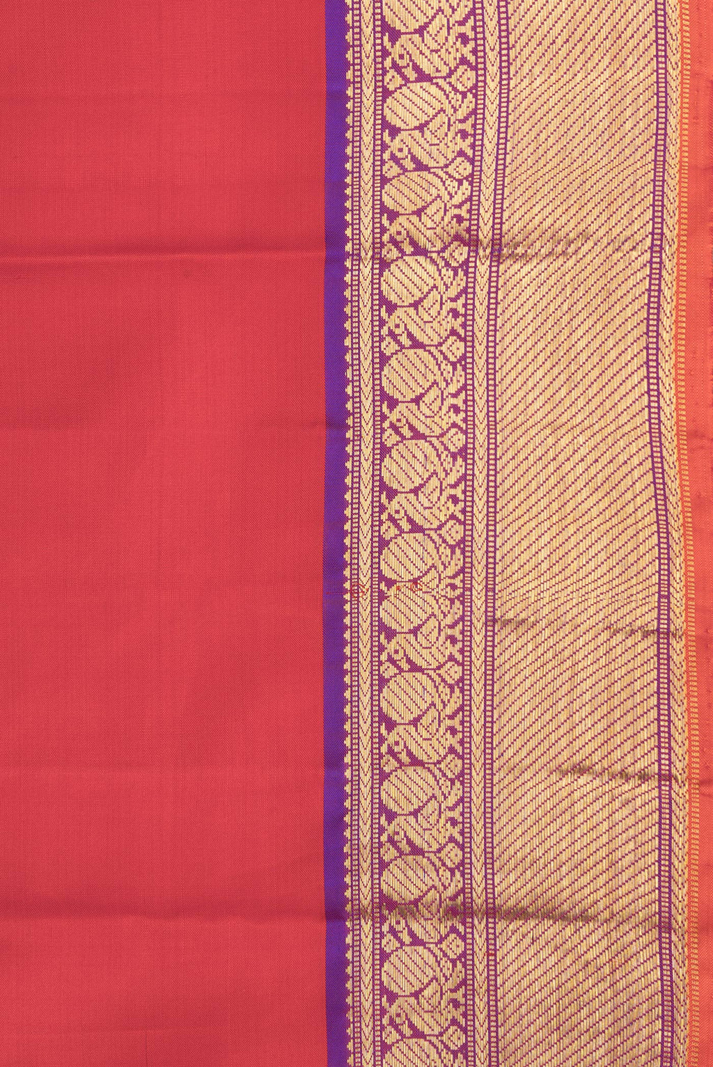 Border image of Red Dual Tone Kanchipuram Silk Saree with Plain Body and Zari Border. 