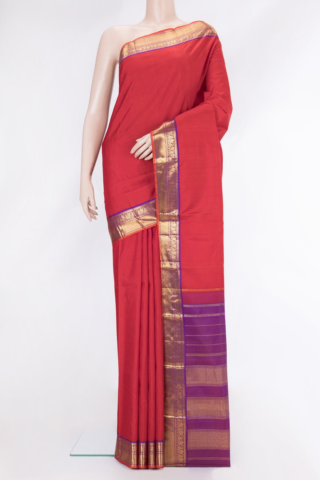 Red Dual Tone Kanchipuram Silk Saree with Plain Body and Zari Border.  displayed on a mannequin