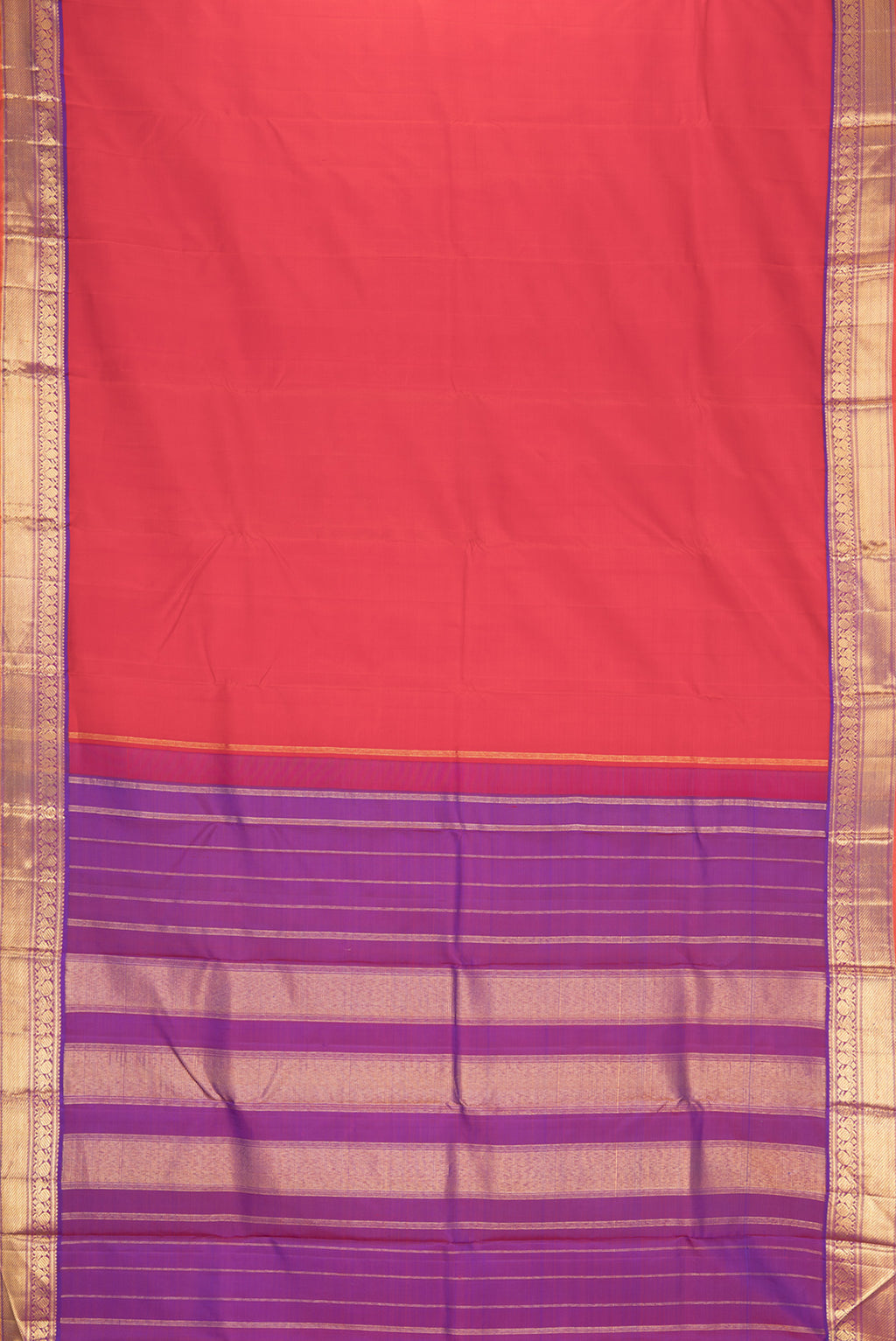 Flat view of Red Dual Tone Kanchipuram Silk Saree with Plain Body and Zari Border. 