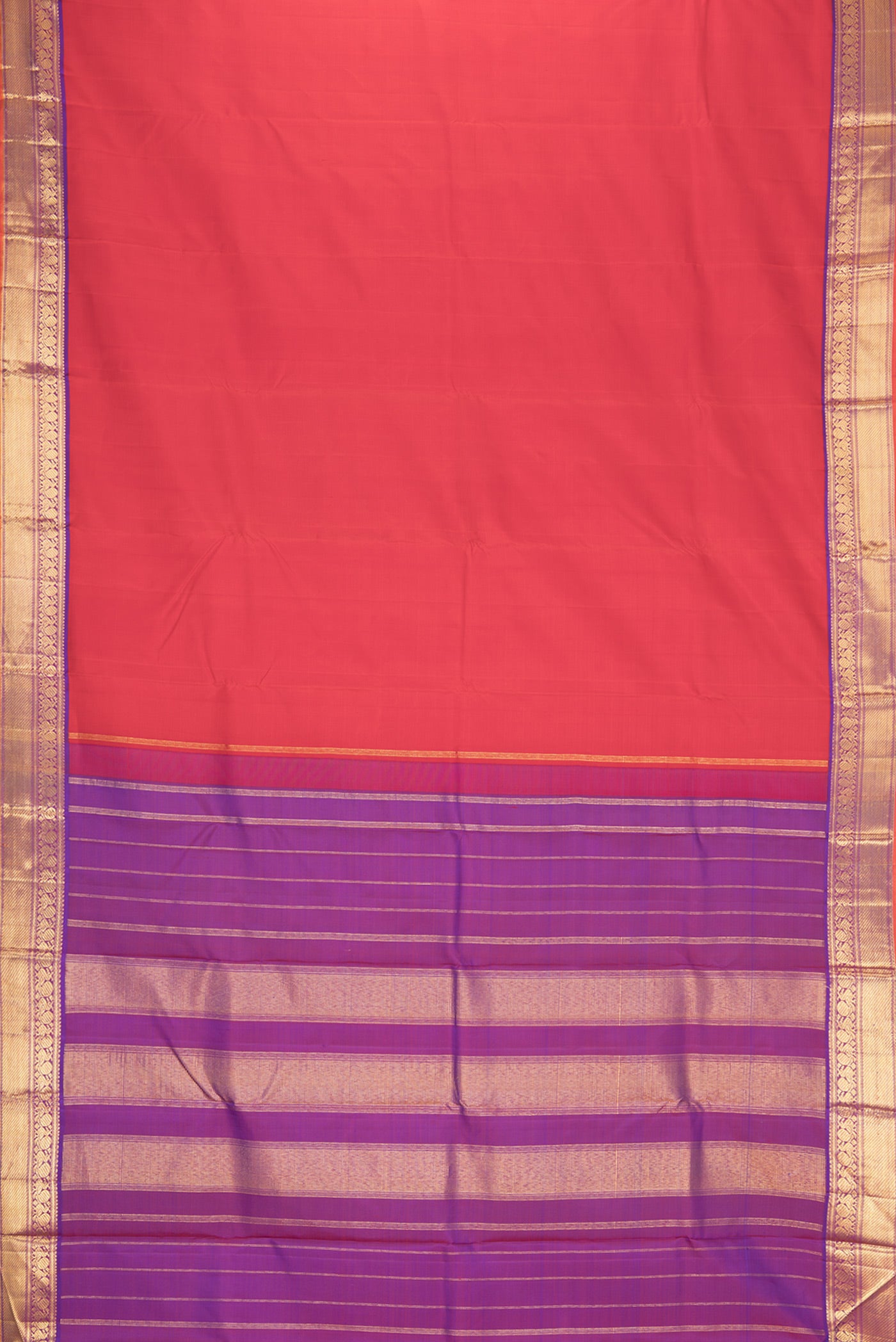 Flat view of Red Dual Tone Kanchipuram Silk Saree with Plain Body and Zari Border. 