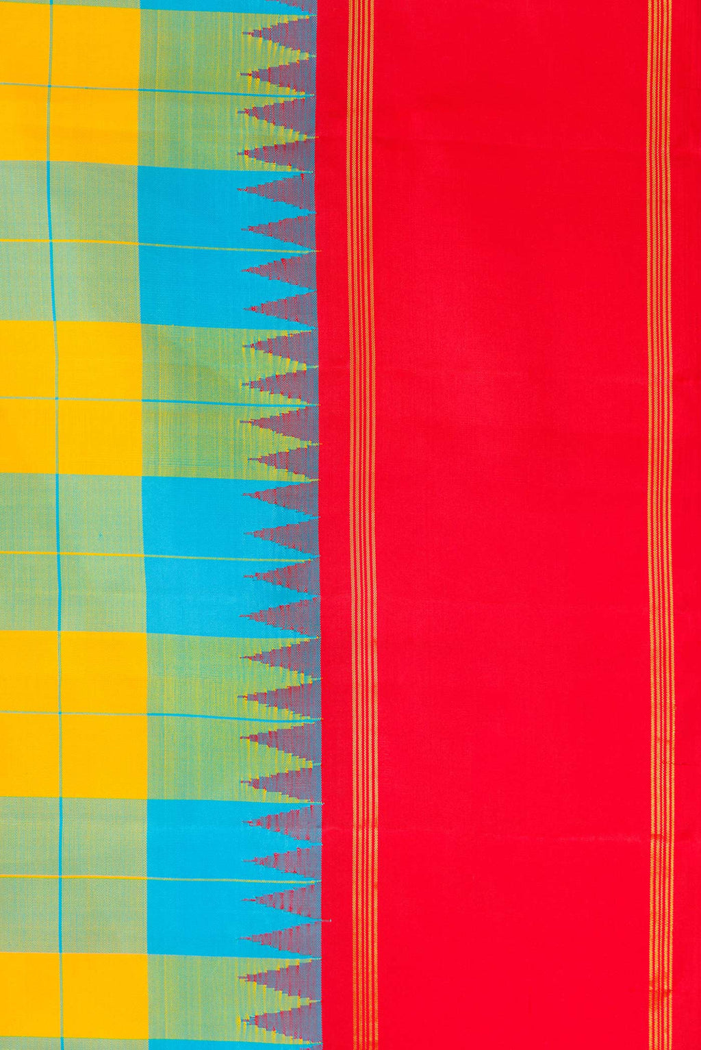 Border image of Yellow and Sky Blue Color Kanchipuram Silk Saree with Checked design on the body and Zari Border. 