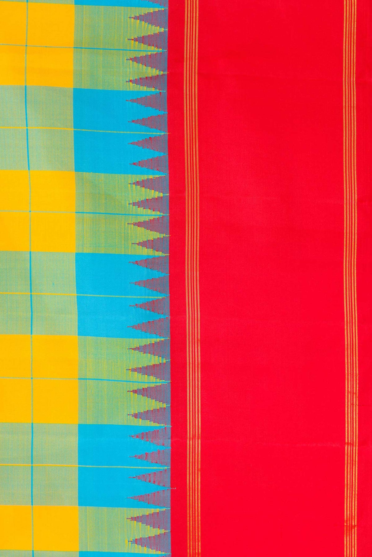 Border image of Yellow and Sky Blue Color Kanchipuram Silk Saree with Checked design on the body and Zari Border. 