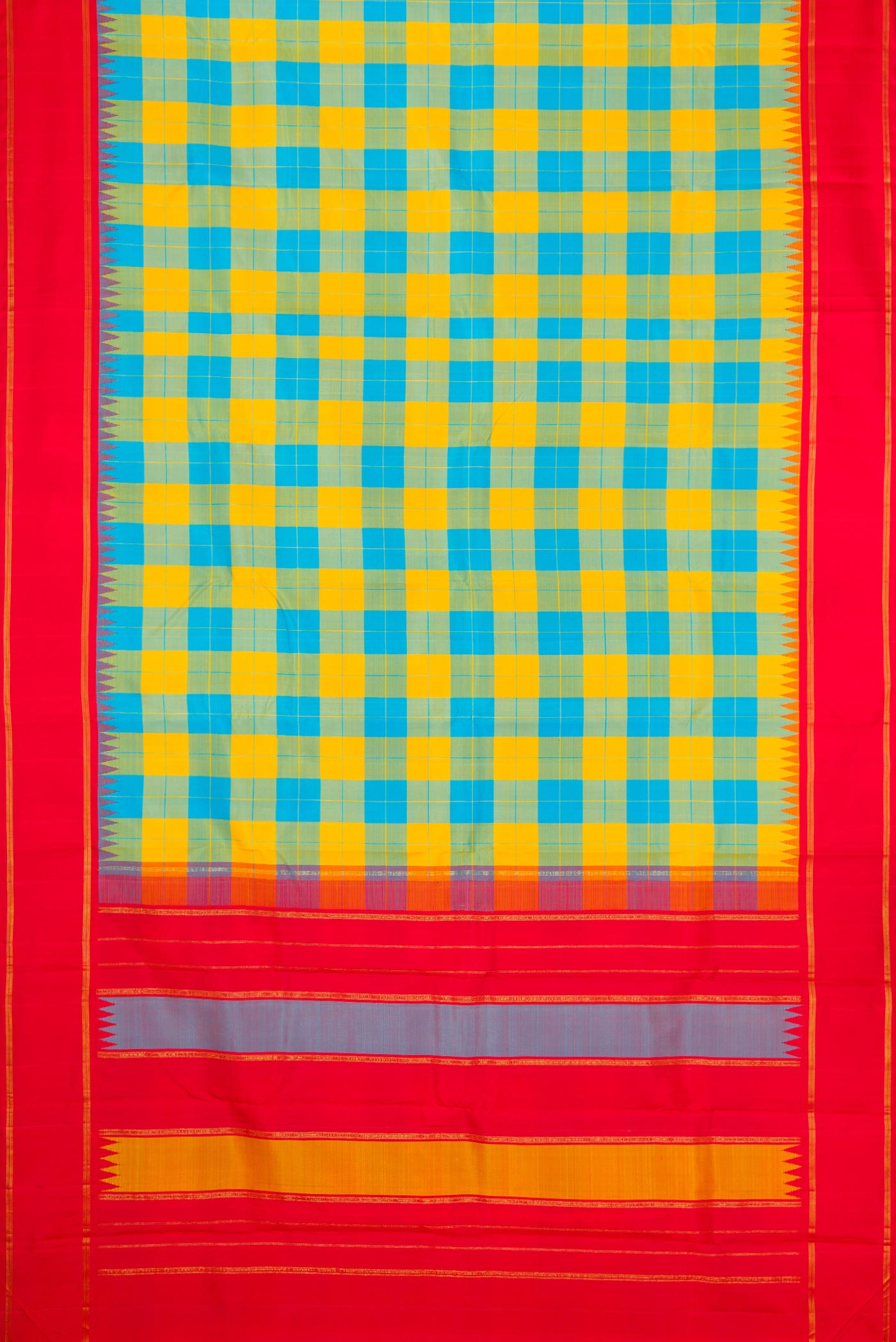 Flat view of Yellow and Sky Blue Color Kanchipuram Silk Saree with Checked design on the body and Zari Border. 