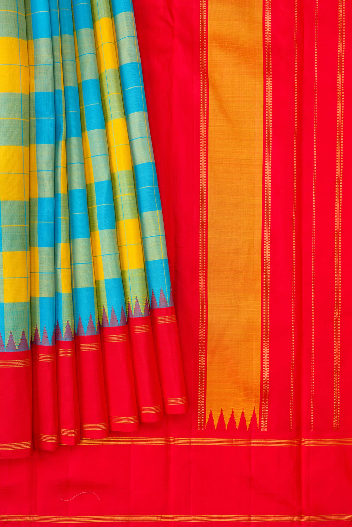 Pleats and pallu of Yellow and Sky Blue Color Kanchipuram Silk Saree with Checked design on the body and Zari Border. 