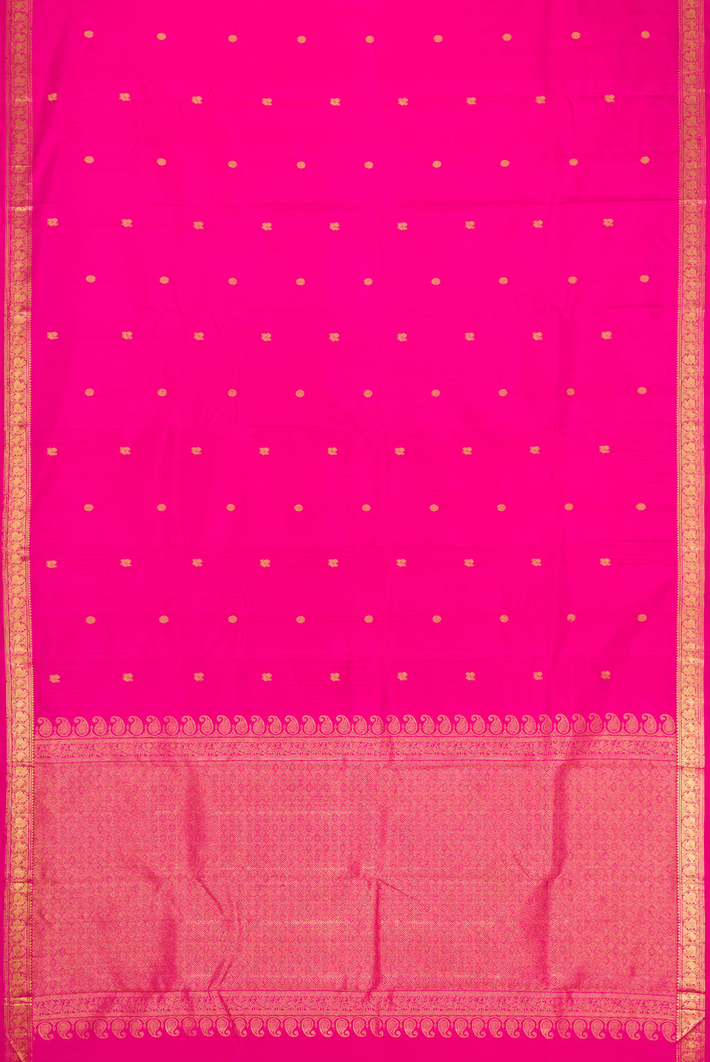 Flat view of Pink Dual Tone Kanchipuram Silk Saree with Zari Butta on the body and Zari Border. 