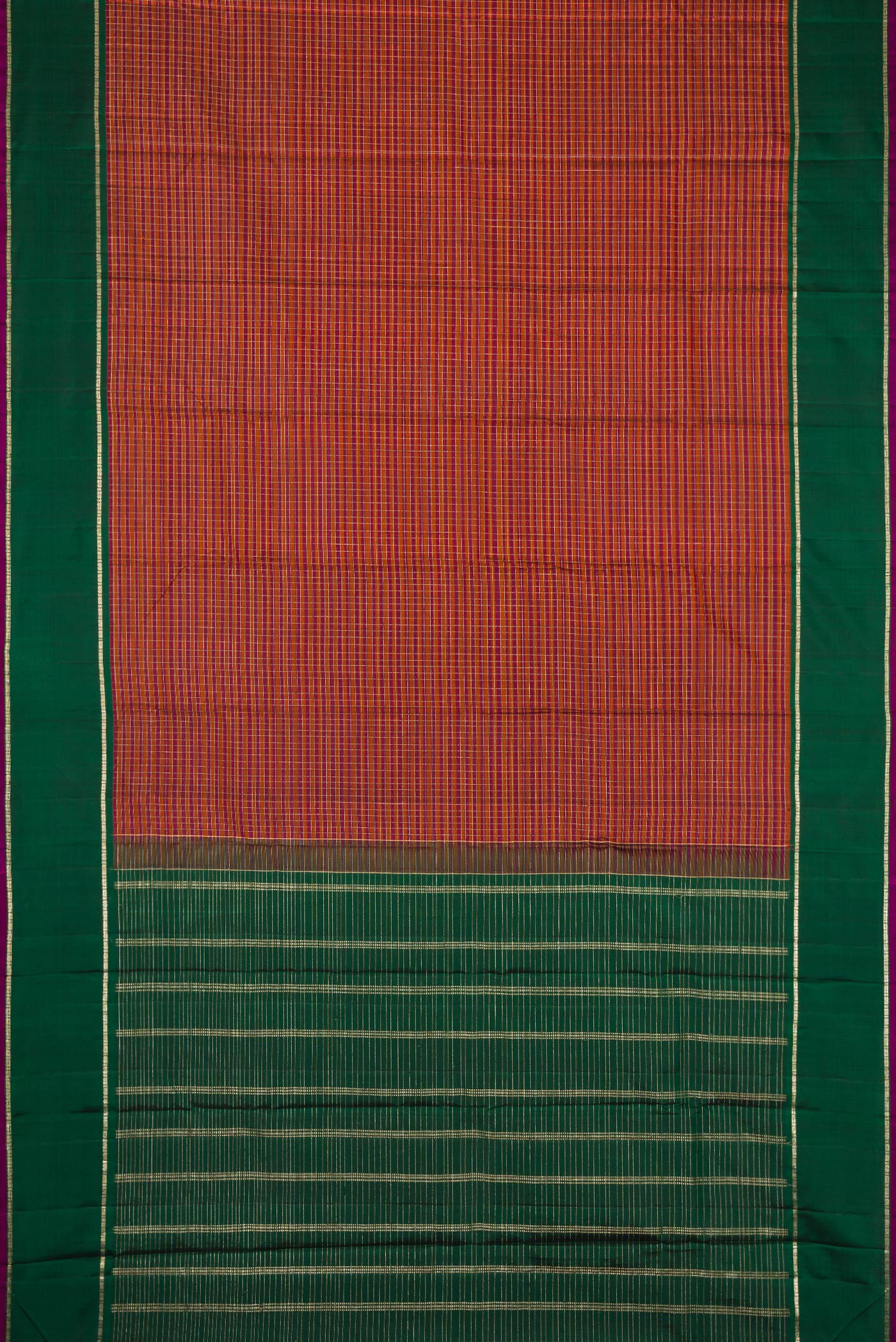 Flat view of Orange Dual Tone Kanjivaram Silk Saree with Checked design on the body and Zari Border. 
