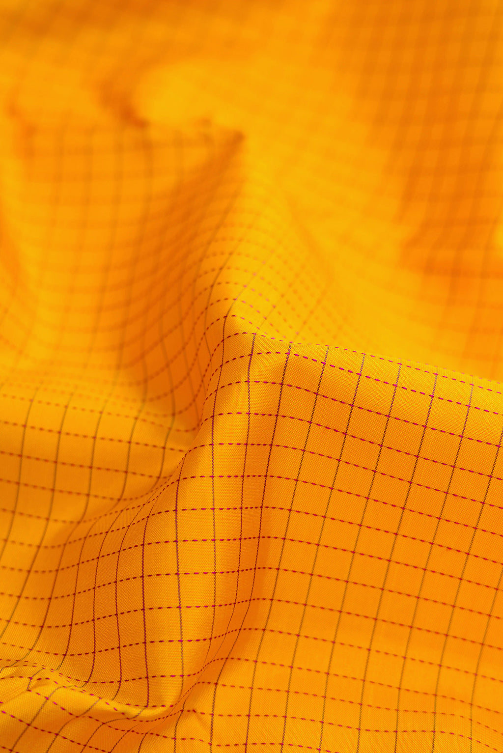 Close up of Mustard Dual Tone Kanjivaram Silk Saree with Checked design on the body and Zari Border.  displaying folds