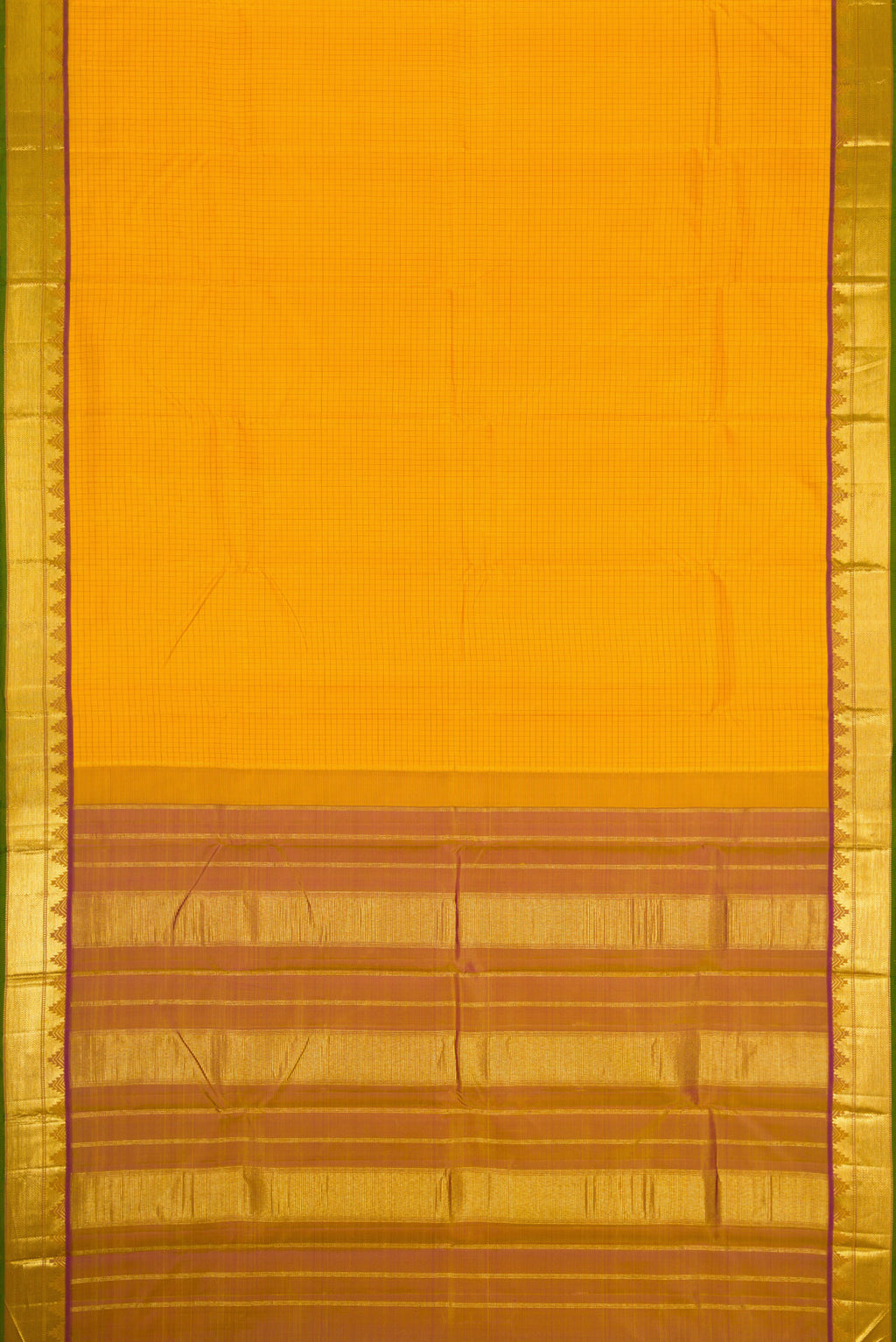 Flat view of Mustard Dual Tone Kanjivaram Silk Saree with Checked design on the body and Zari Border. 