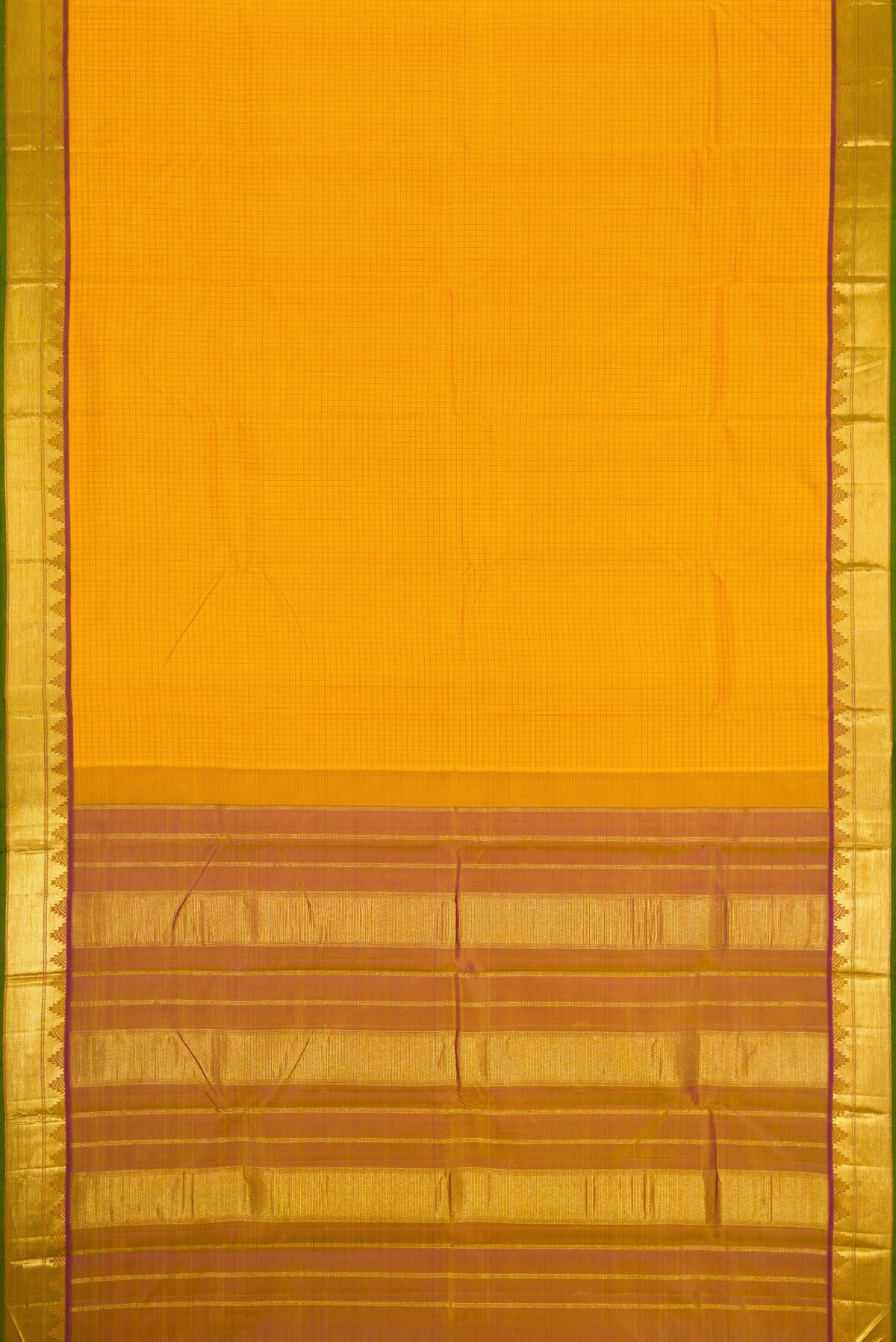 Flat view of Mustard Dual Tone Kanjivaram Silk Saree with Checked design on the body and Zari Border. 